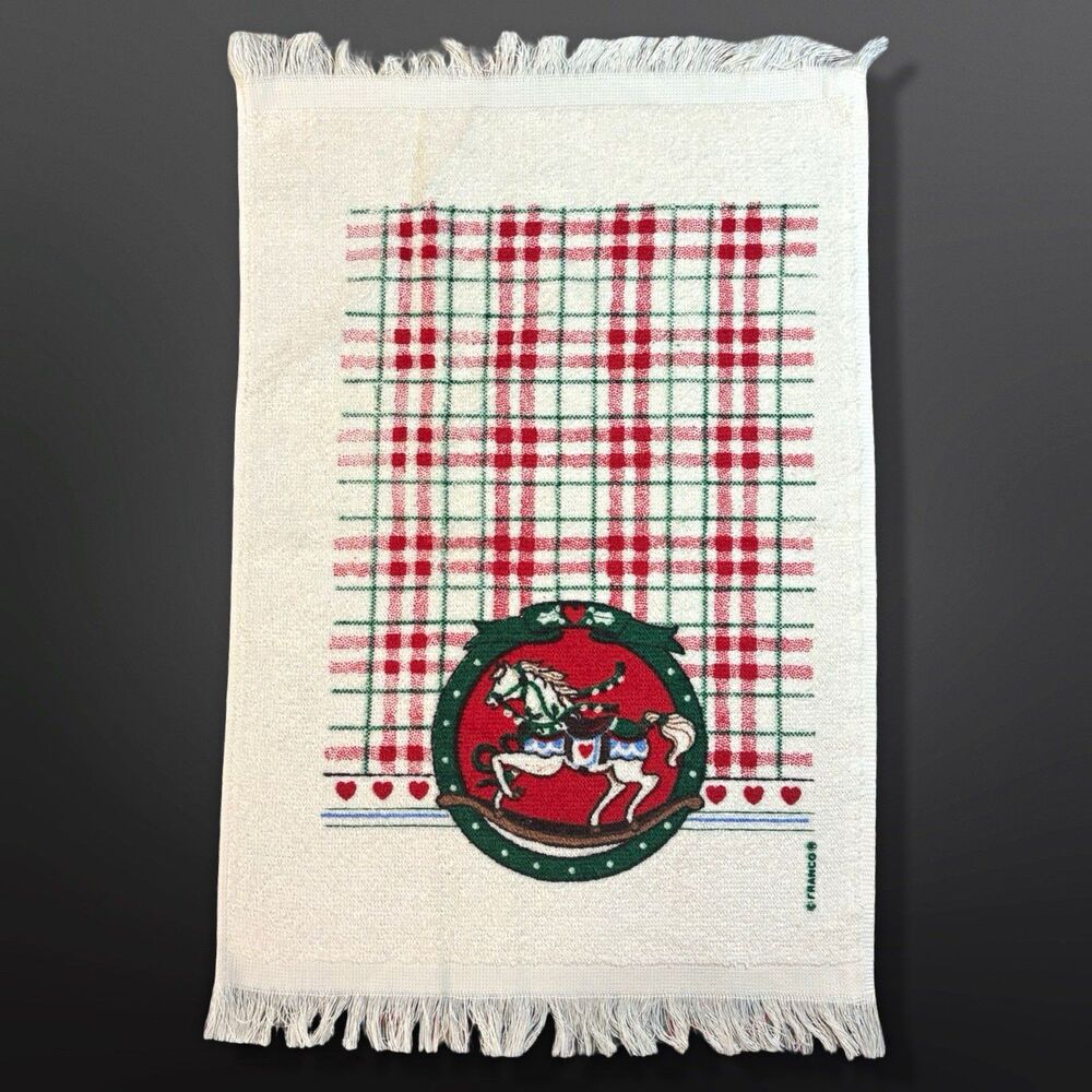 Vintage Franco Christmas Hand Towel Rocking Horse Plaid Fringe Made USA  16x11.5